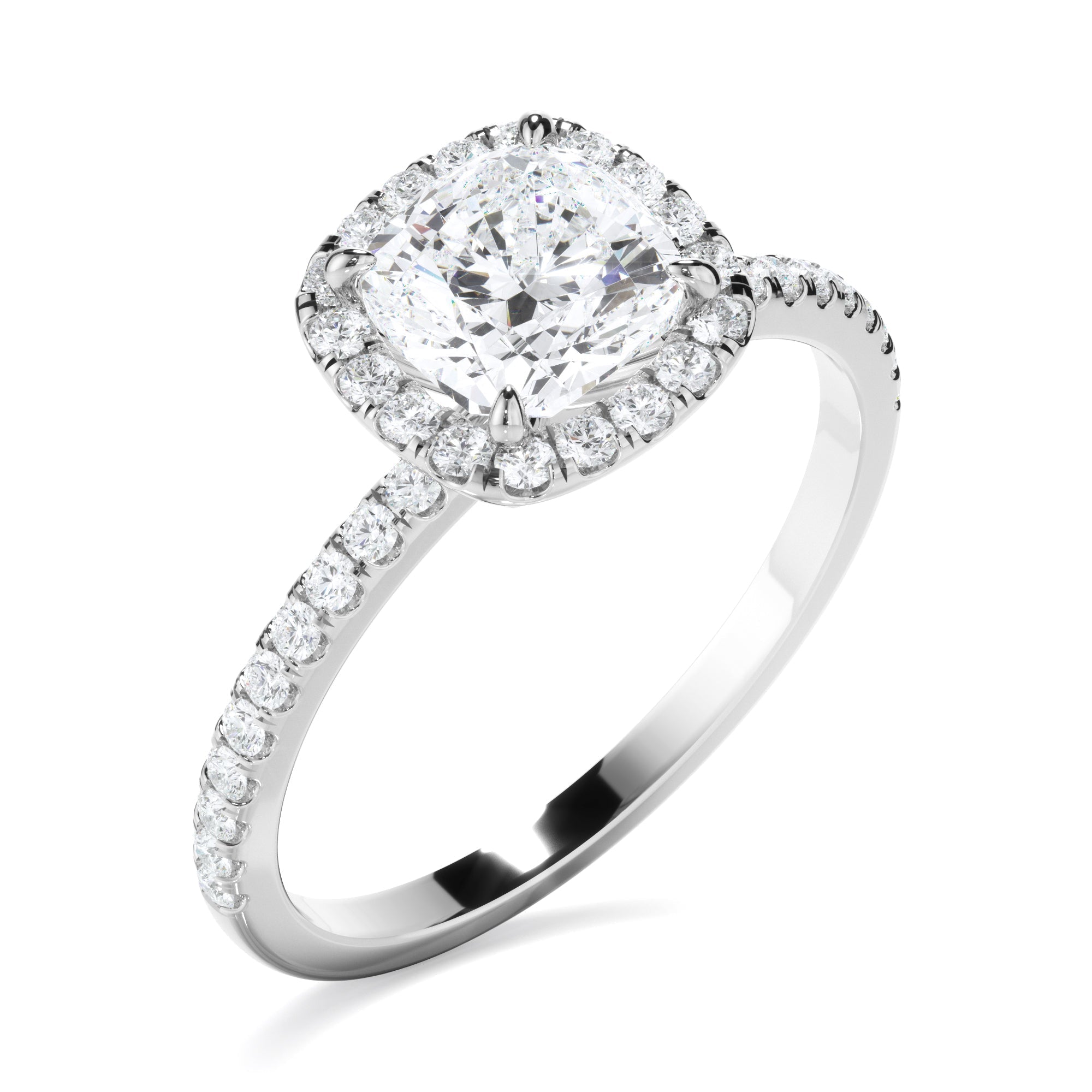 Cushion Cut Diamond Halo Engagement Ring With Pave Band