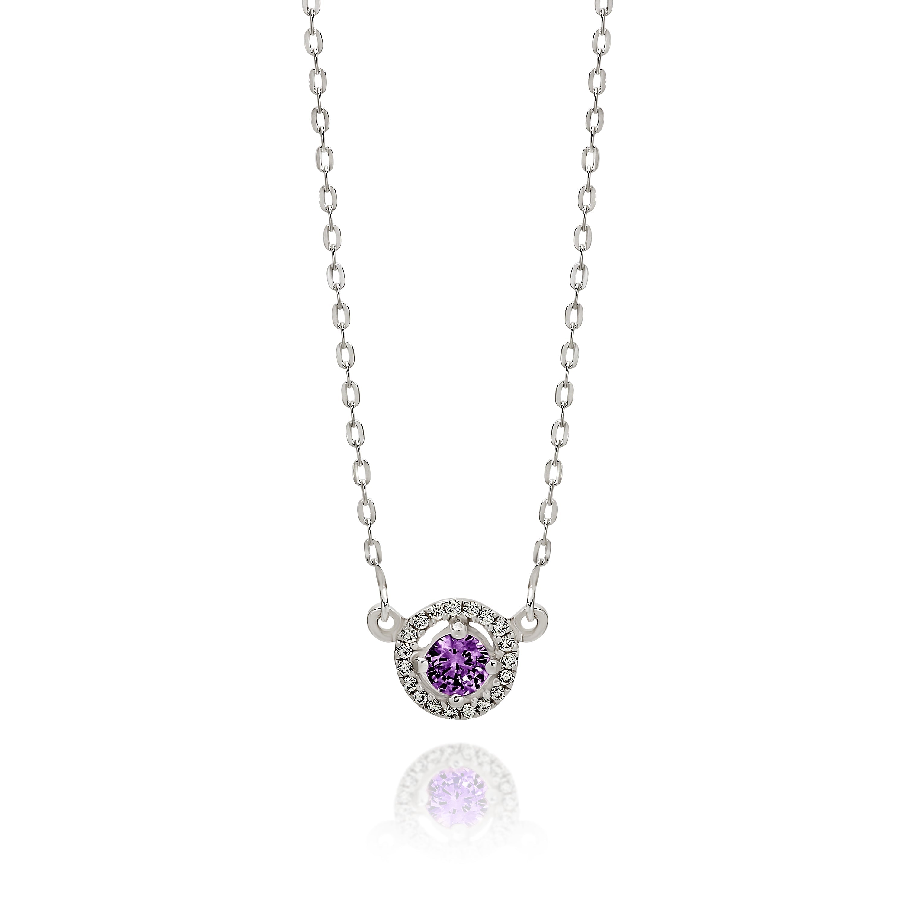 Silver purple cubic zirconia halo necklet