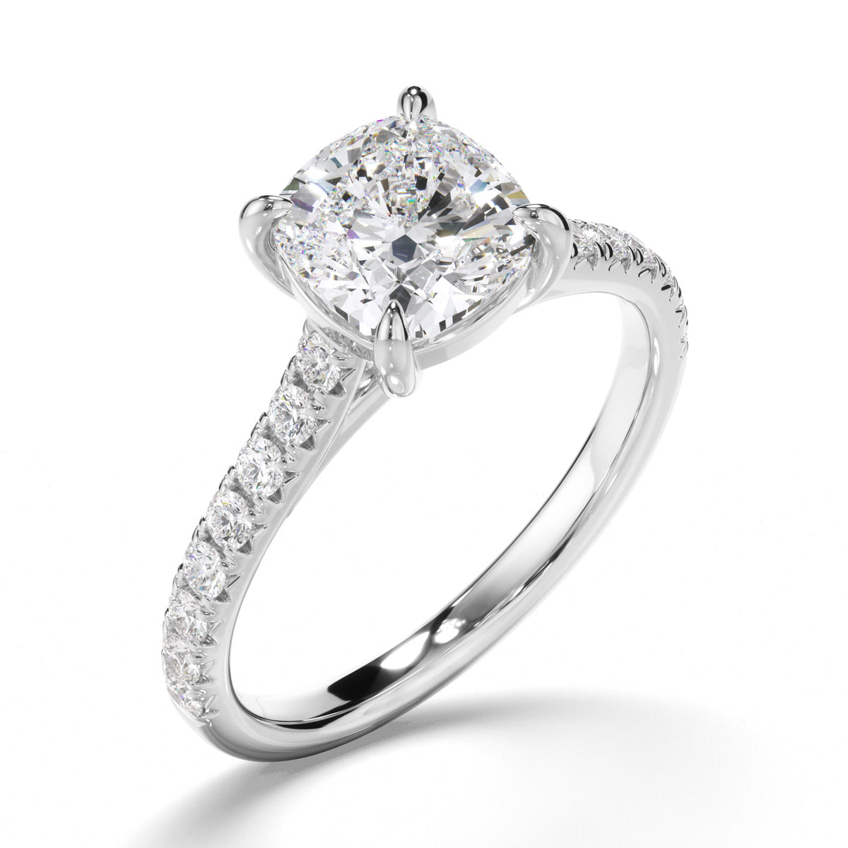 Cushion Cut Diamond Solitaire Engagement Ring with Diamond Sides