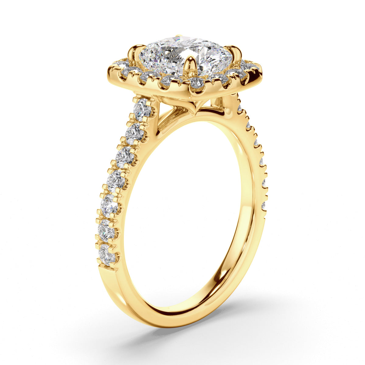 Cushion Cut Diamond Halo Engagement Ring with Diamond Sides