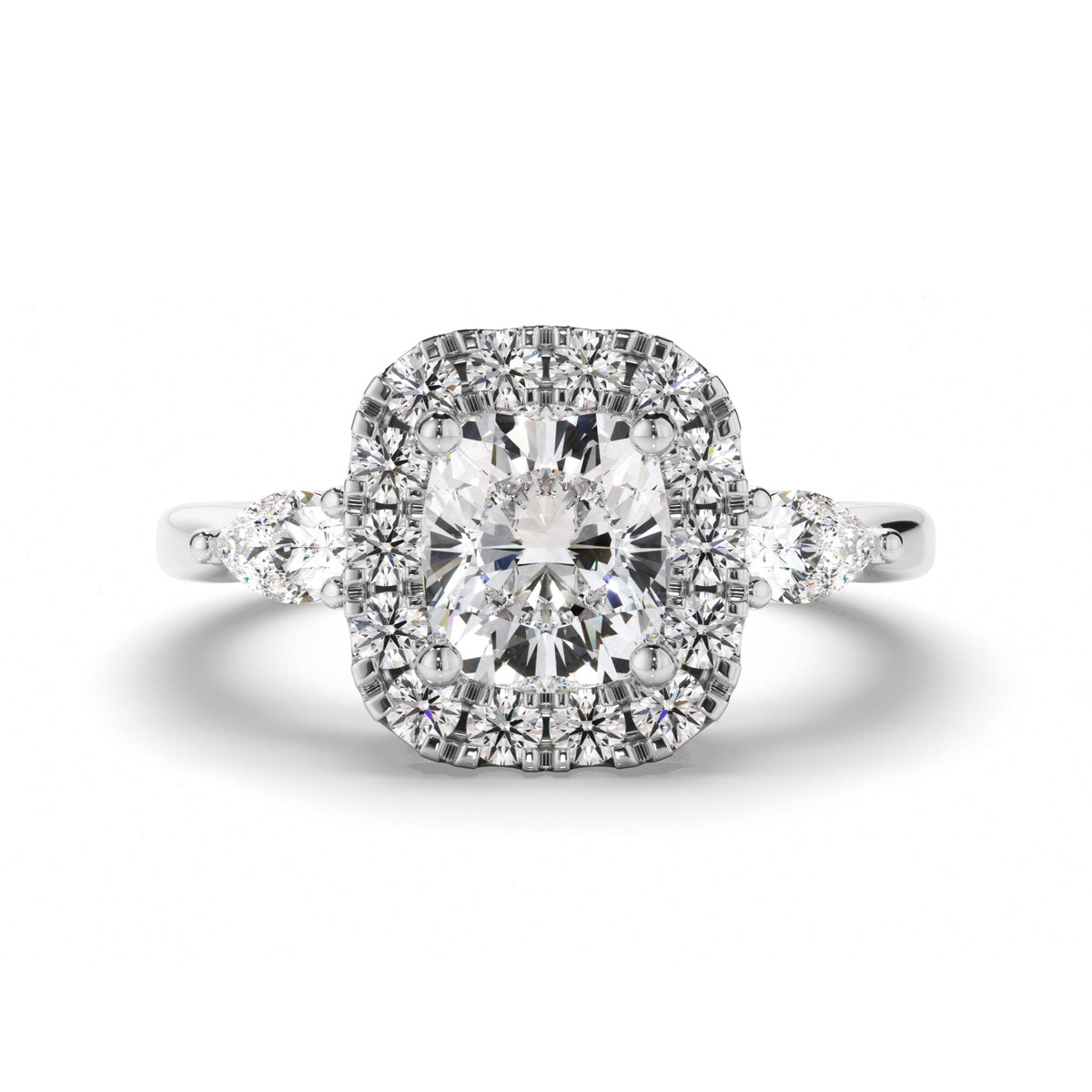 Cushion Cut Diamond Halo Engagement Ring with Pear Sides