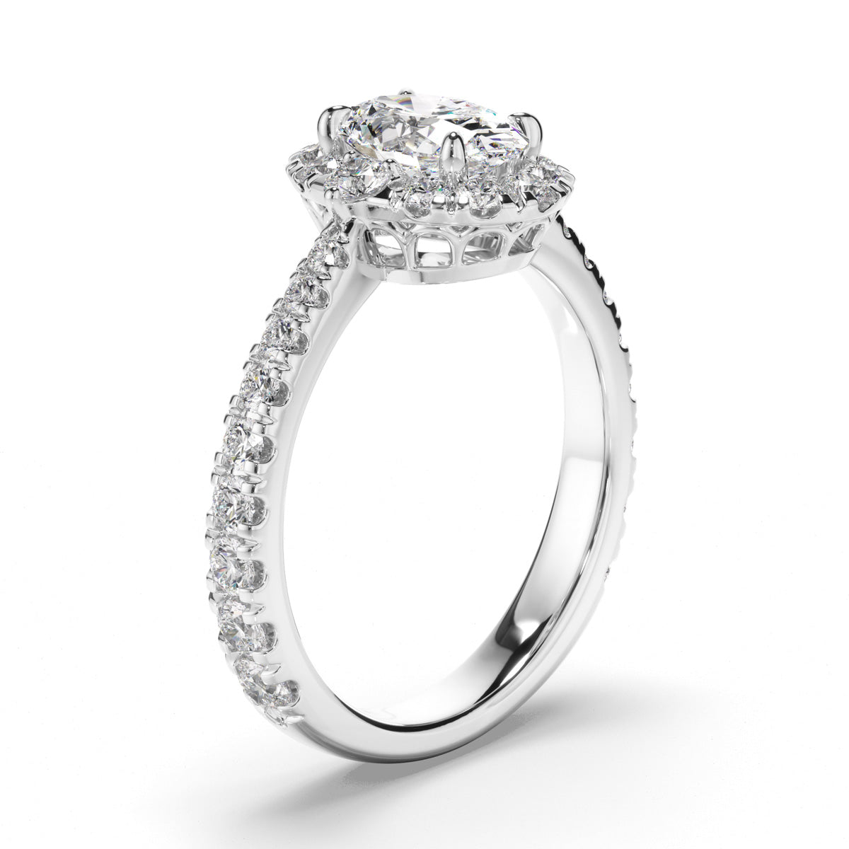 Oval Cut Diamond Halo Engagement Ring with Diamond Sides