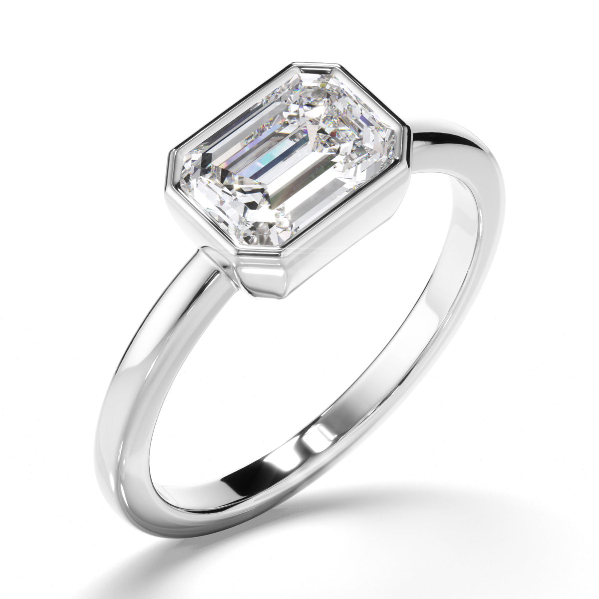 Emerald Cut Diamond Bezel East West Solitaire Engagement Ring