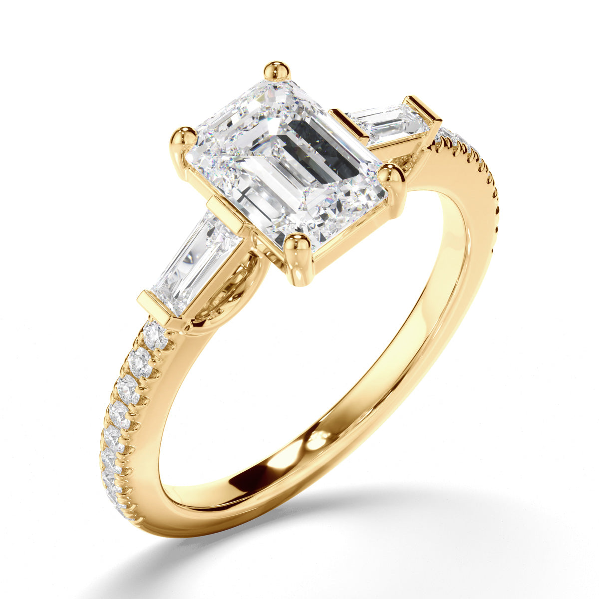 Emerald Cut Diamond Engagement Ring with Baguette & Pave Sides