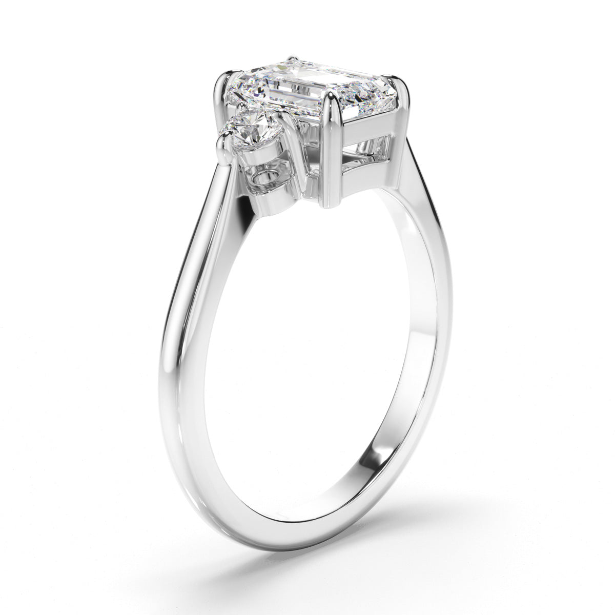 Emerald Cut Diamond Trilogy Engagement Ring with Round Brilliant Sides