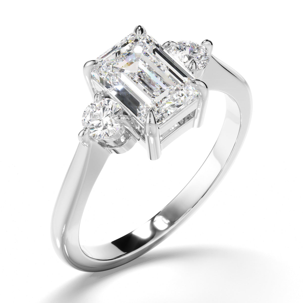 Emerald Cut Diamond Trilogy Engagement Ring with Round Brilliant Sides