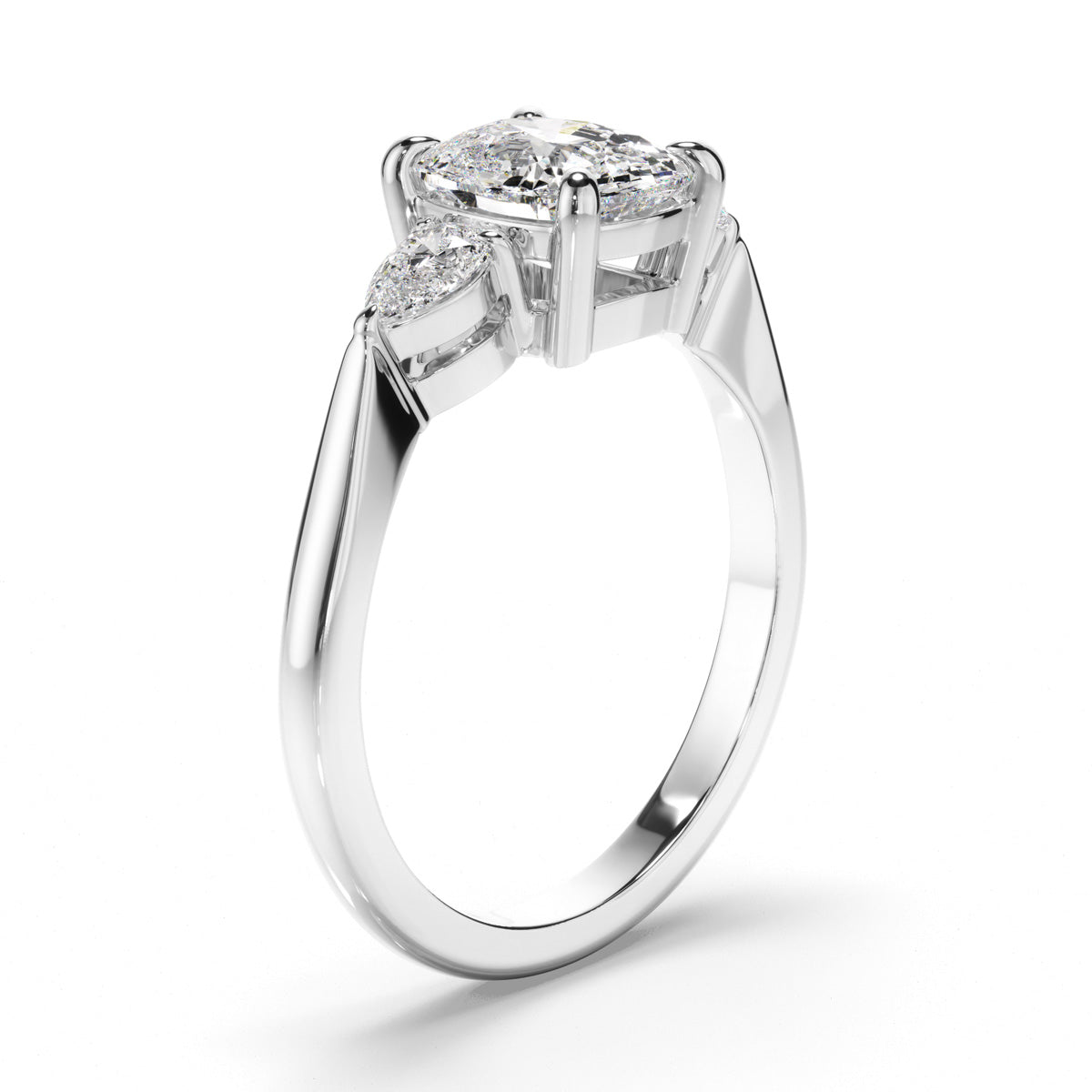 Cushion Cut Diamond Trilogy Engagement Ring with Pear Sides