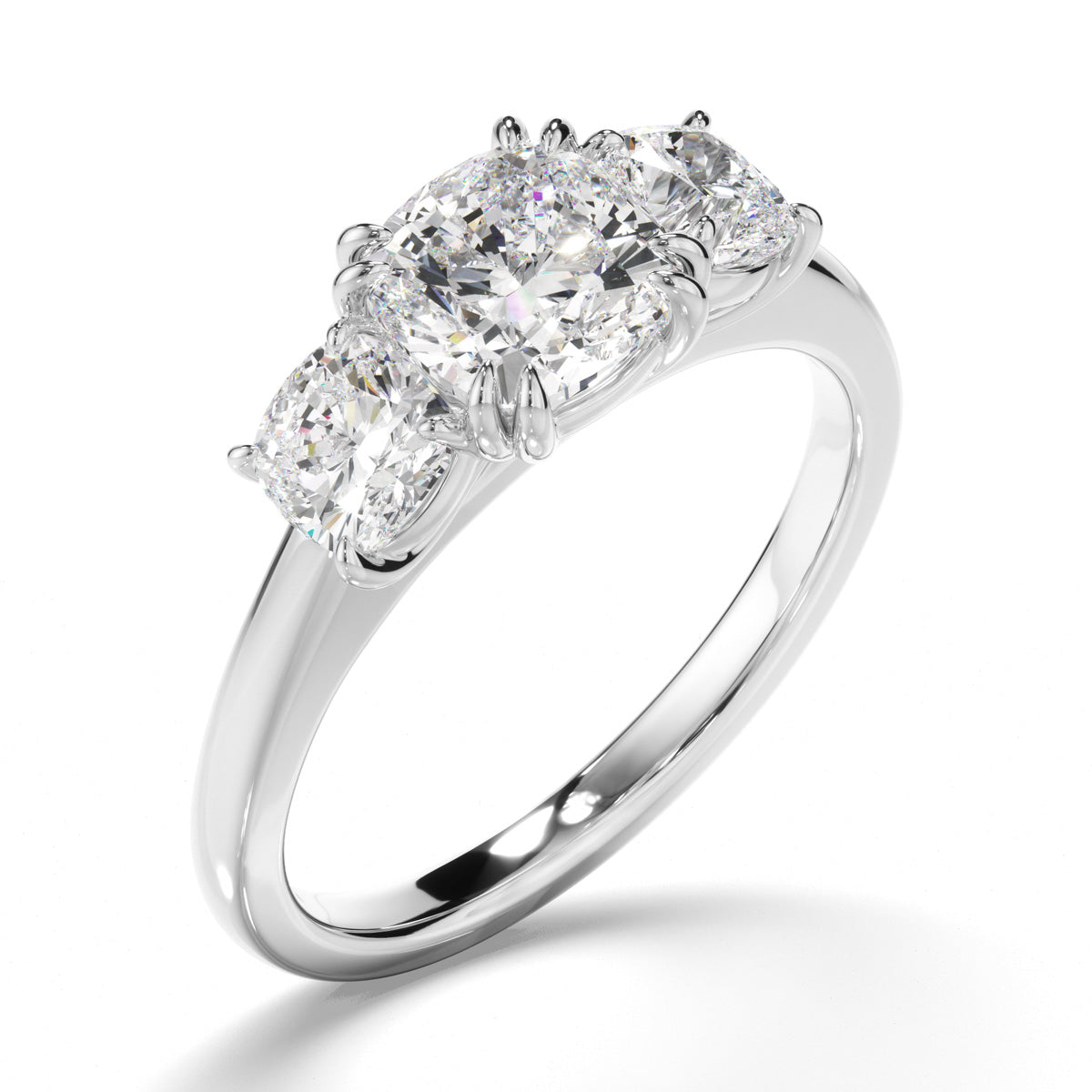 Cushion Cut Diamond Trilogy Engagement Ring with Round Brilliant Sides