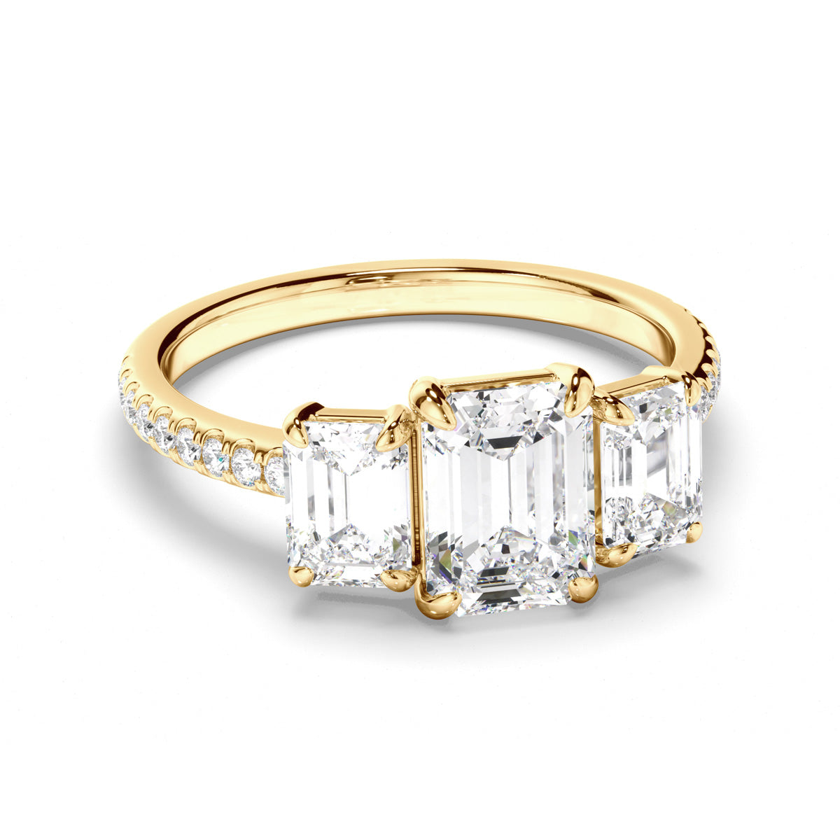 Emerald Cut Diamond Trilogy Engagement Ring with Pave Sides