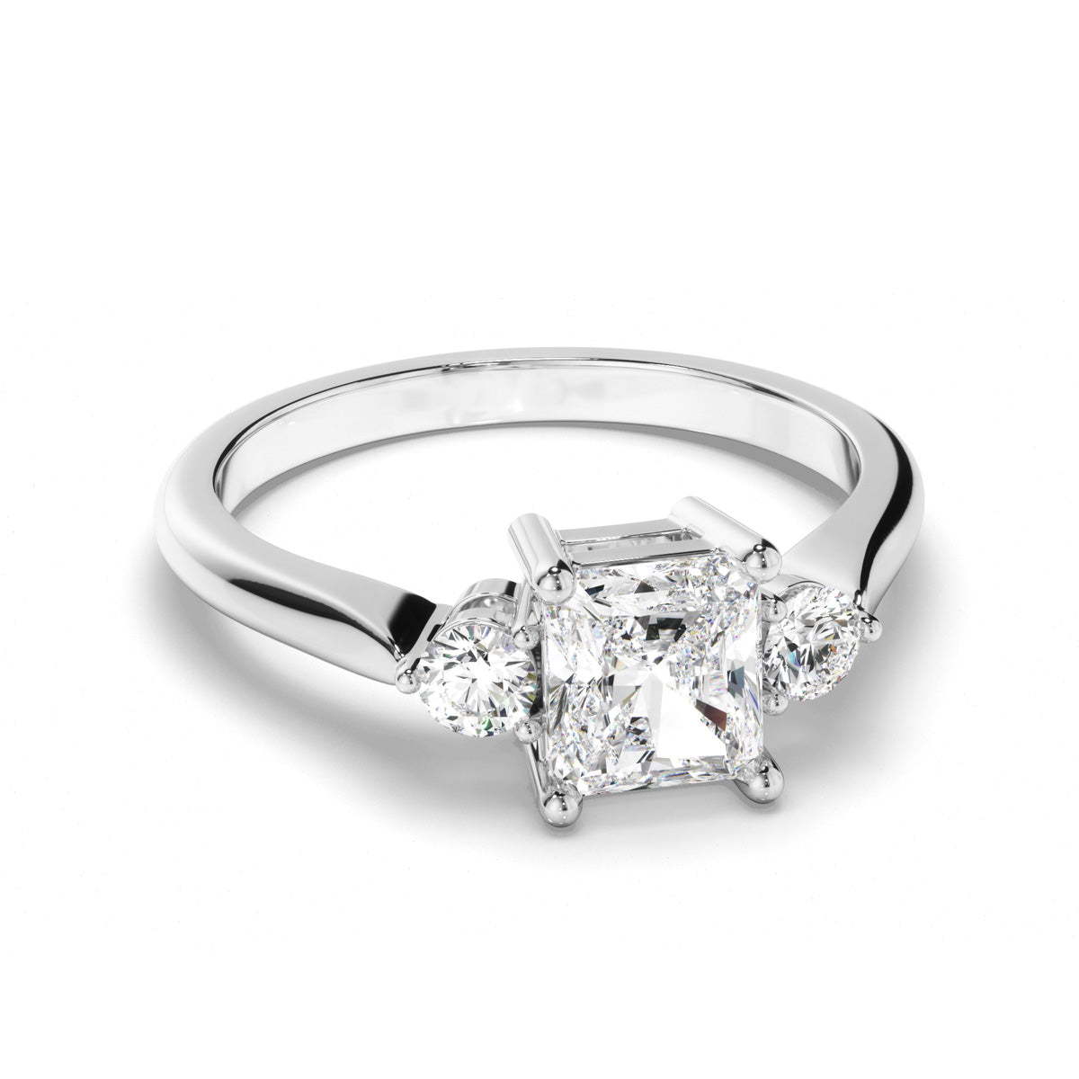 Radiant Cut Diamond Trilogy Engagement Ring with Round Brilliant Sides