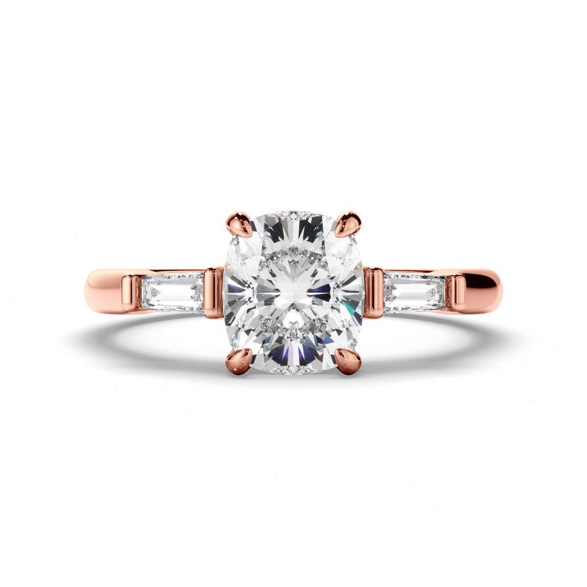 Cushion Cut Diamond Trilogy Engagement Ring with Baguette Sides