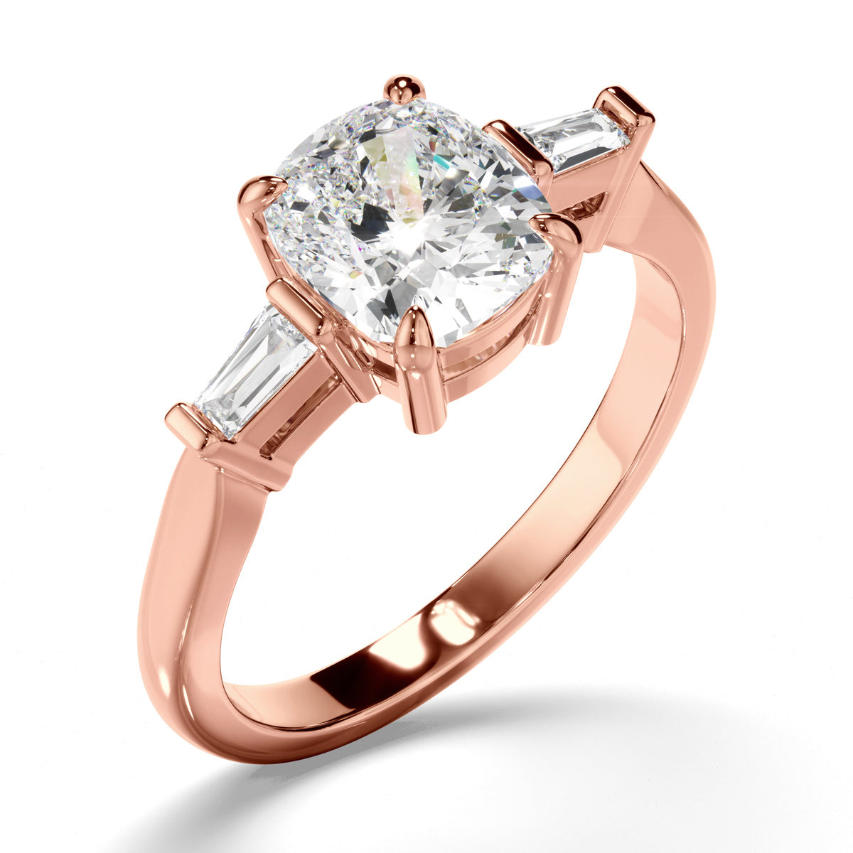 Cushion Cut Diamond Trilogy Engagement Ring with Baguette Sides