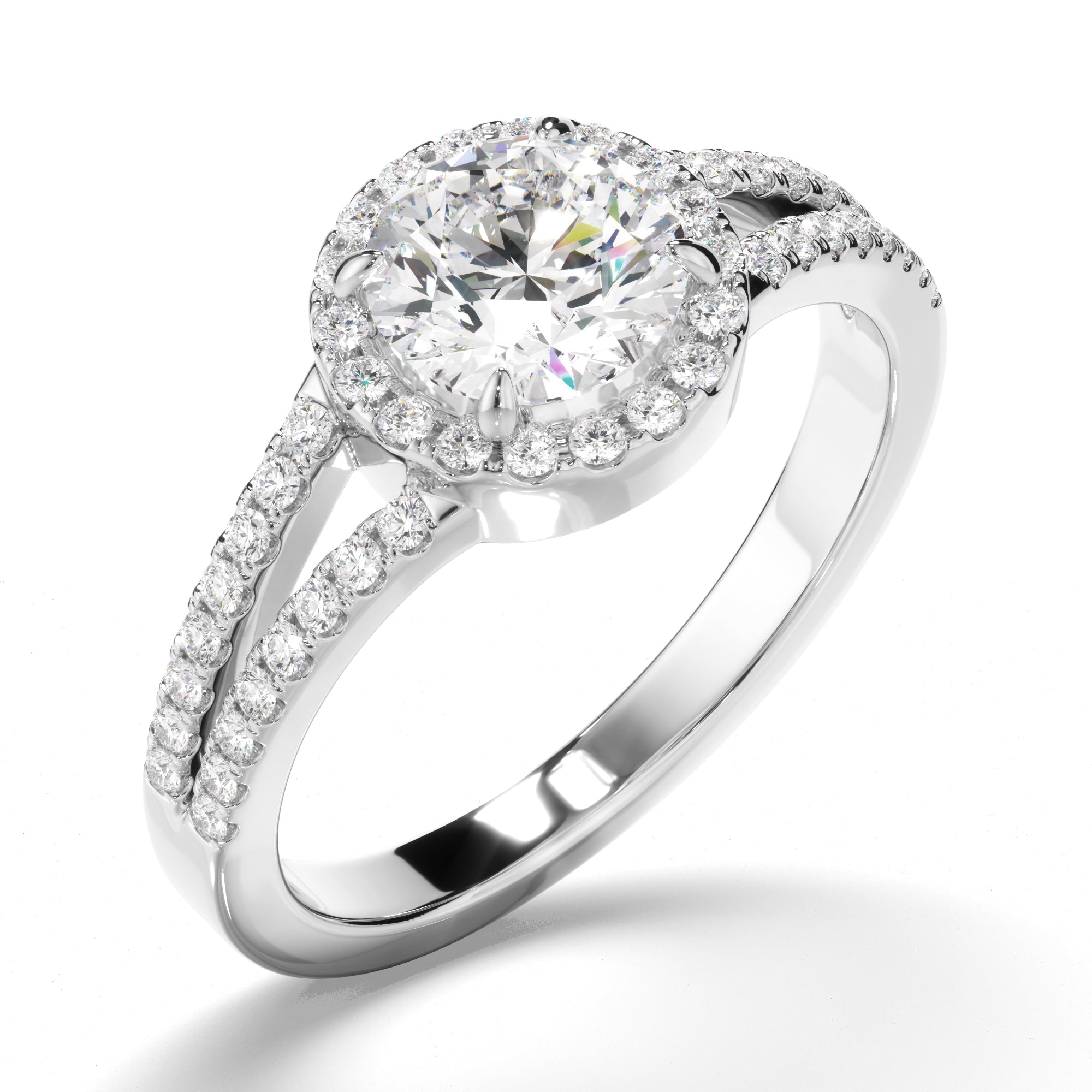 Round Brilliant Cut Diamond Halo Engagement Ring with Pave Sides