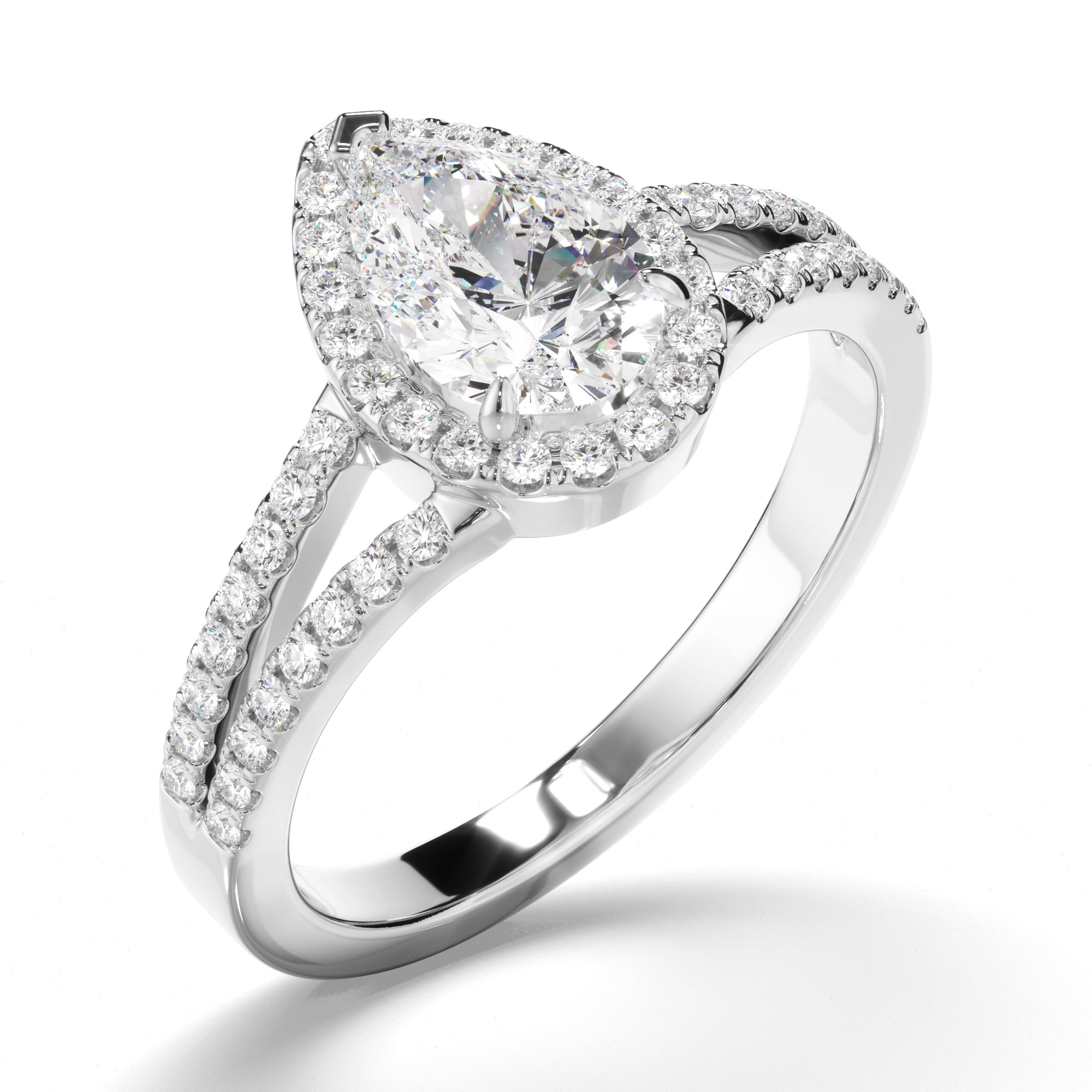 Pear Cut Diamond Halo Engagement Ring with Pave Sides