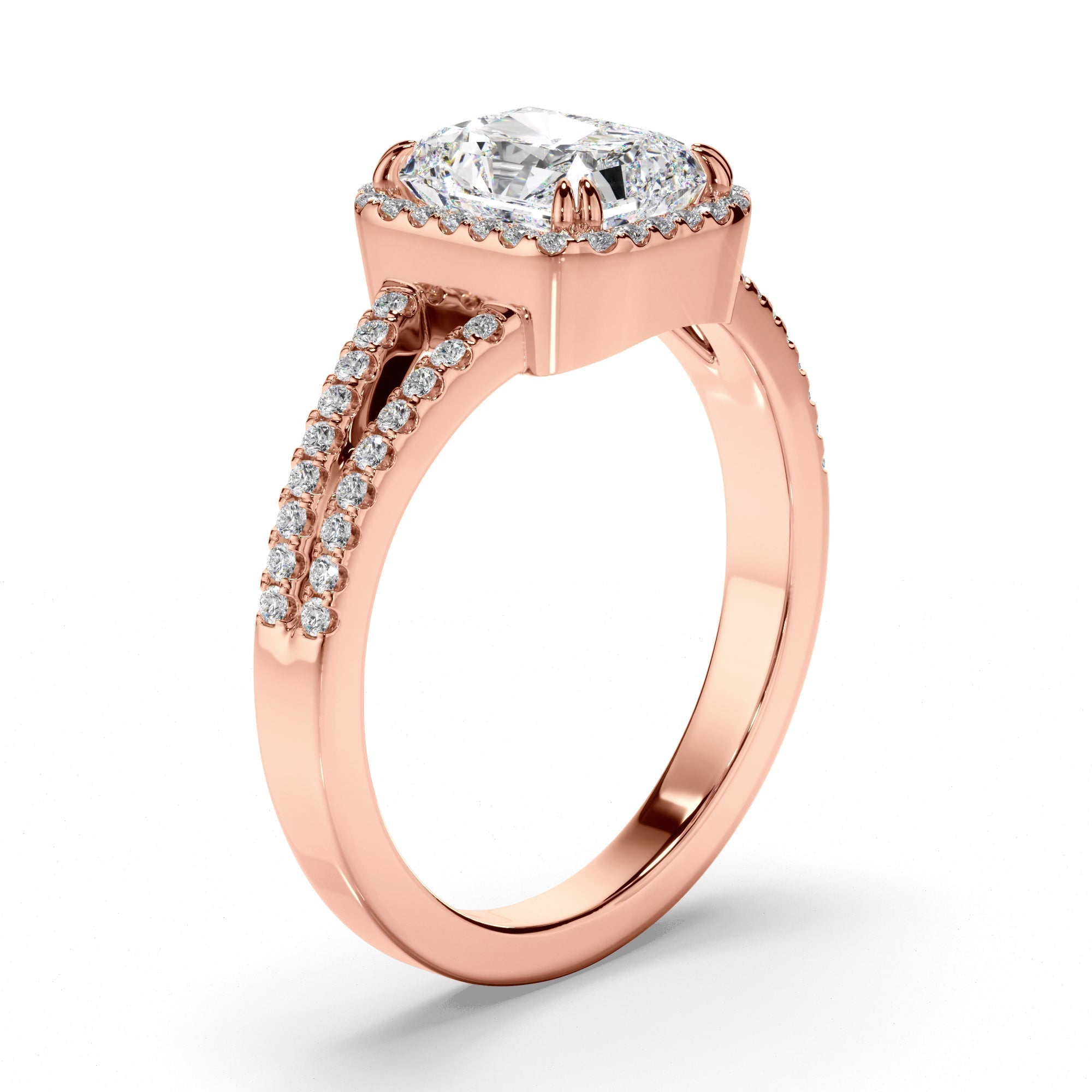 Radiant Cut Diamond Halo Engagement Ring with Pave Sides