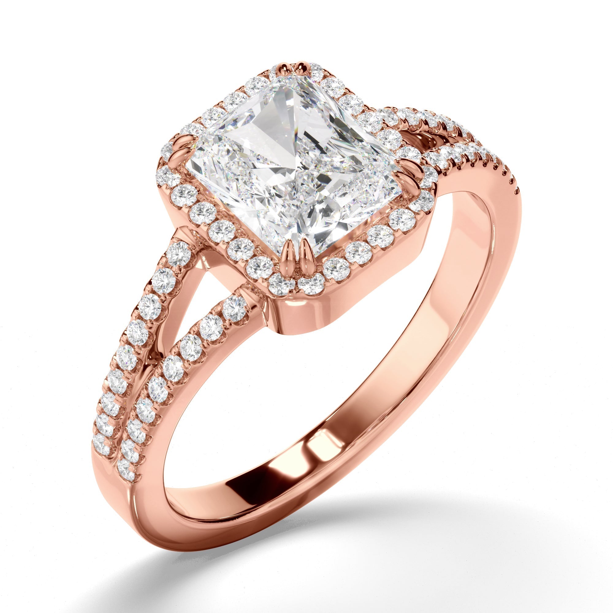 Radiant Cut Diamond Halo Engagement Ring with Pave Sides