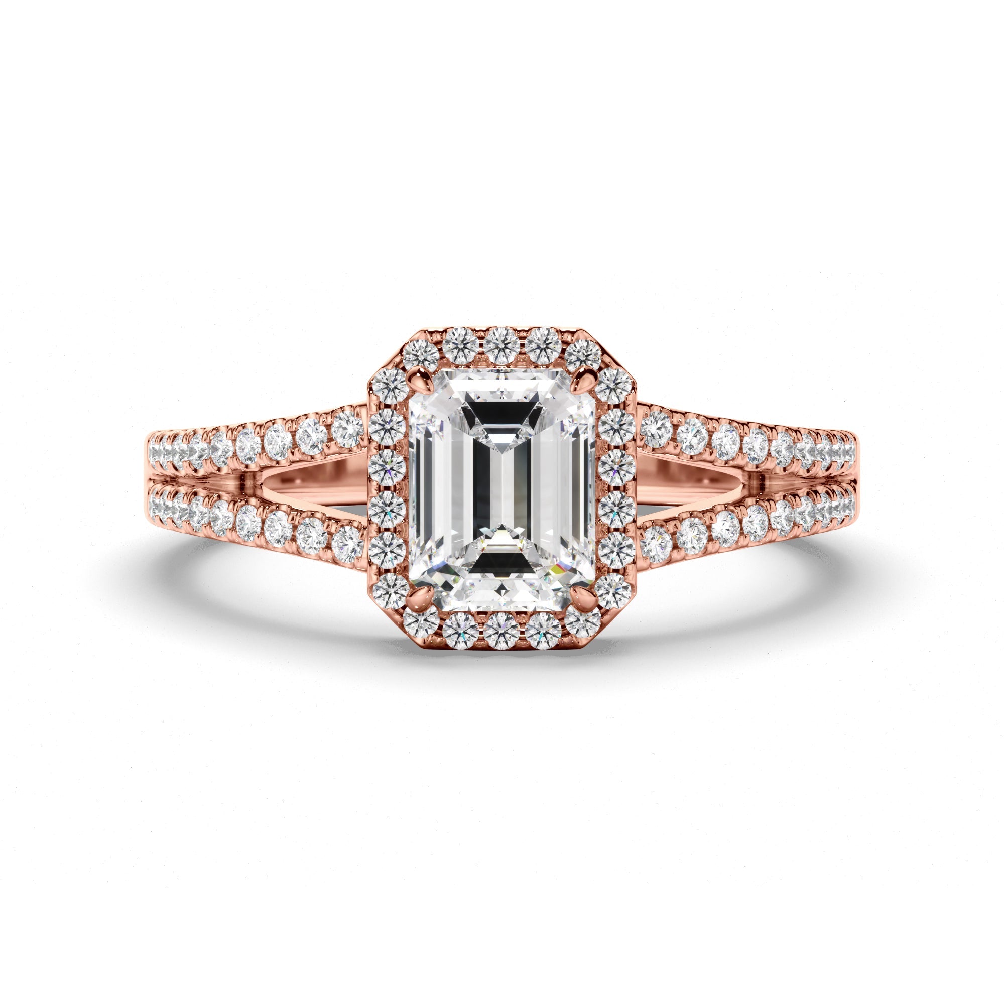 Emerald Cut Diamond Halo Engagement Ring with Pave Sides