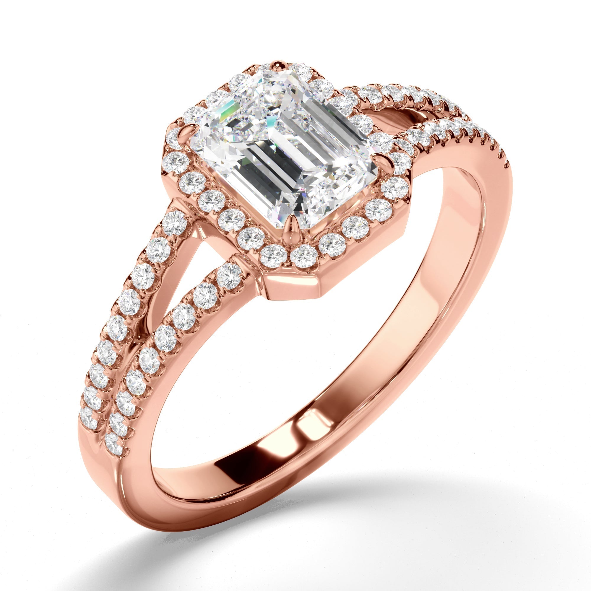 Emerald Cut Diamond Halo Engagement Ring with Pave Sides