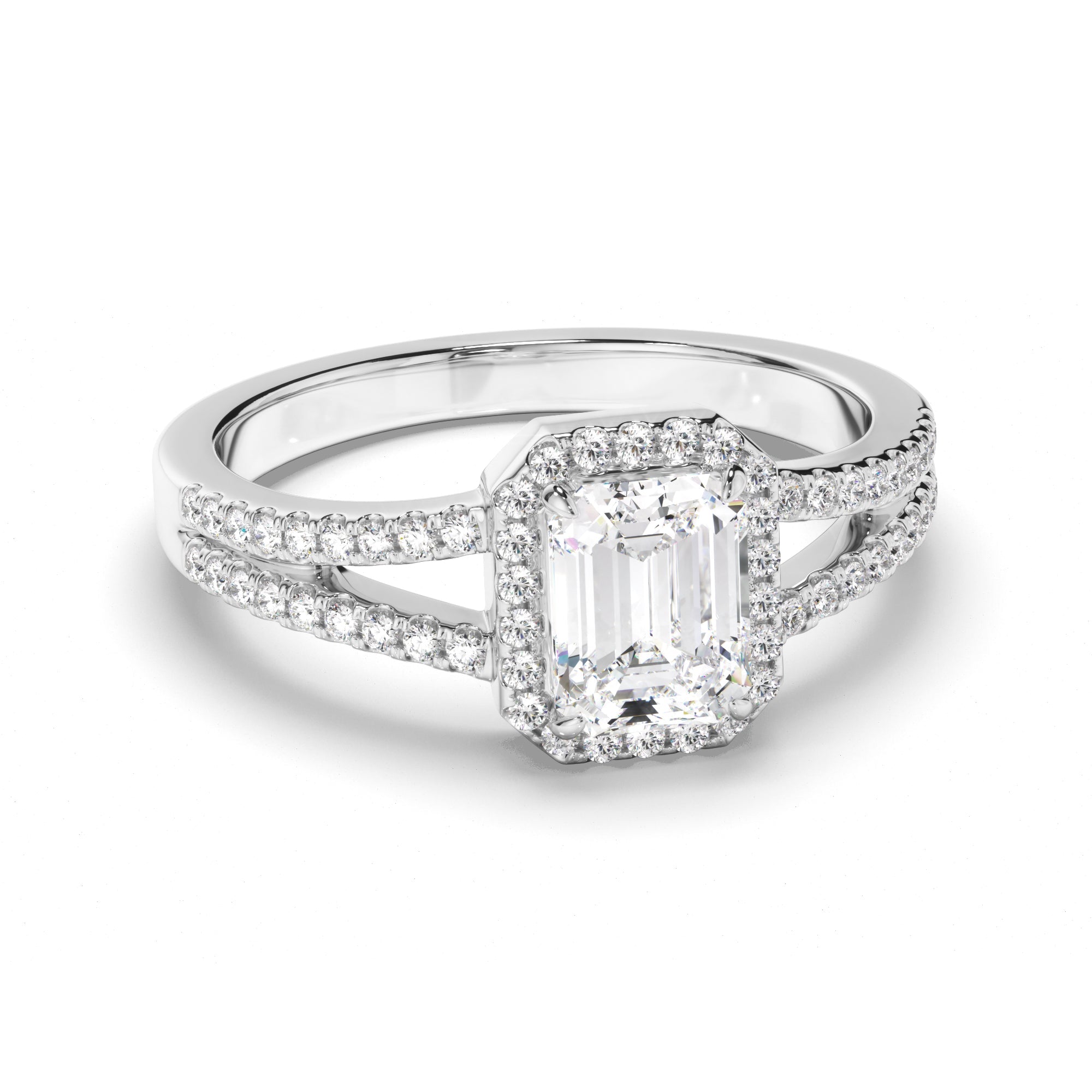 Emerald Cut Diamond Halo Engagement Ring with Pave Sides